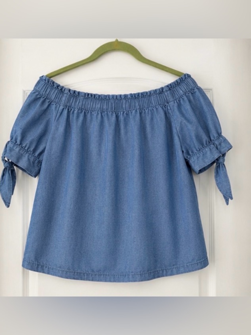J.Crew Chambray Off Shoulder Peasant Top Blue Tie Sleeve Blouse Sz 8 - Picture 4 of 6